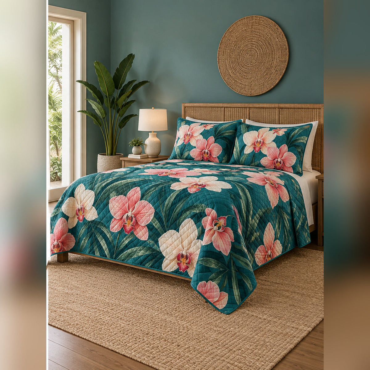 Teal Tropical Orchid Quilt Set, angled orchid bedroom view