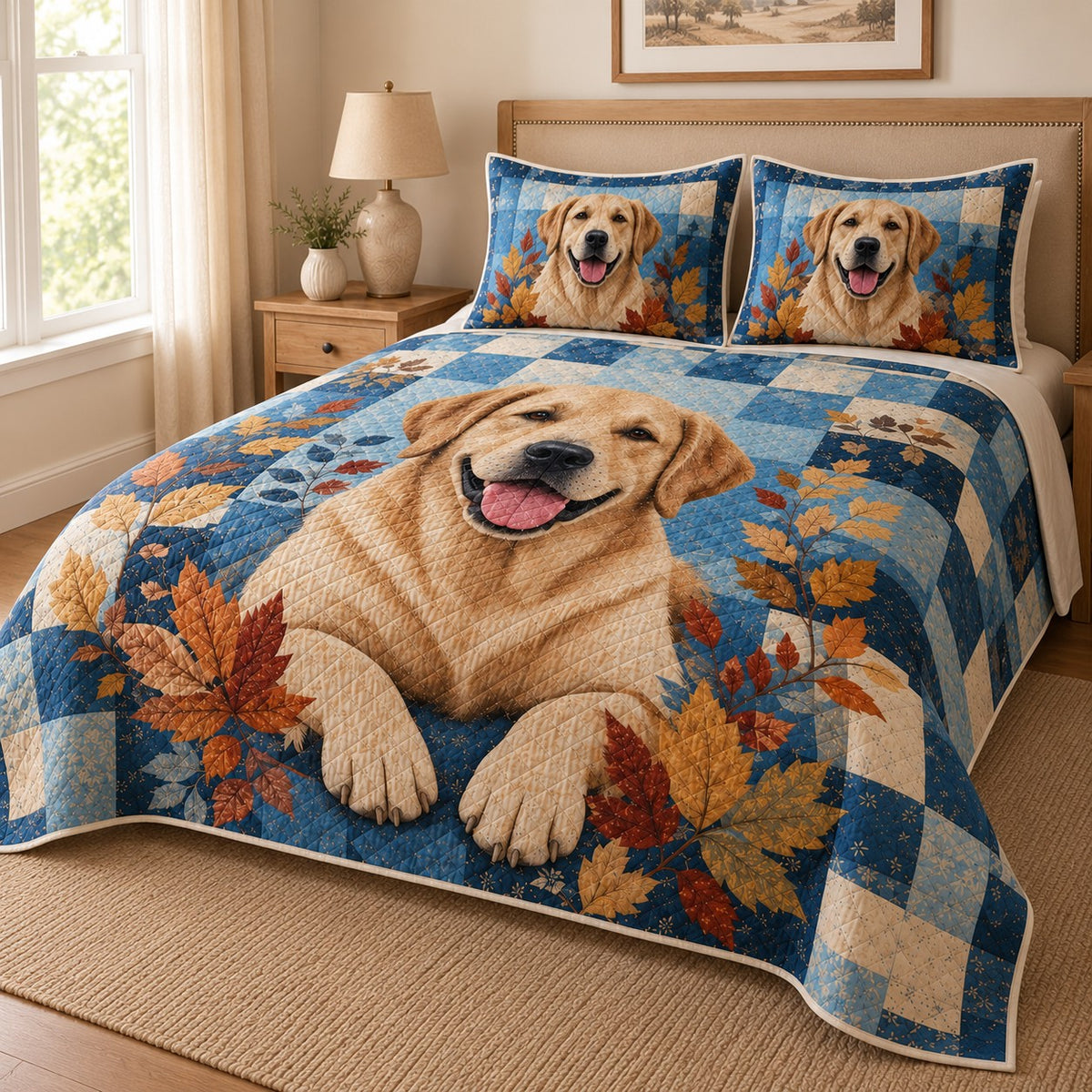 Labrador Retriever Autumn Patchwork Quilt Set: angled bedroom view showing the quilt artwork and coordinating shams