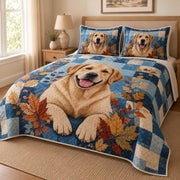Labrador Retriever Autumn Patchwork Quilt Set: angled bedroom view showing the quilt artwork and coordinating shams