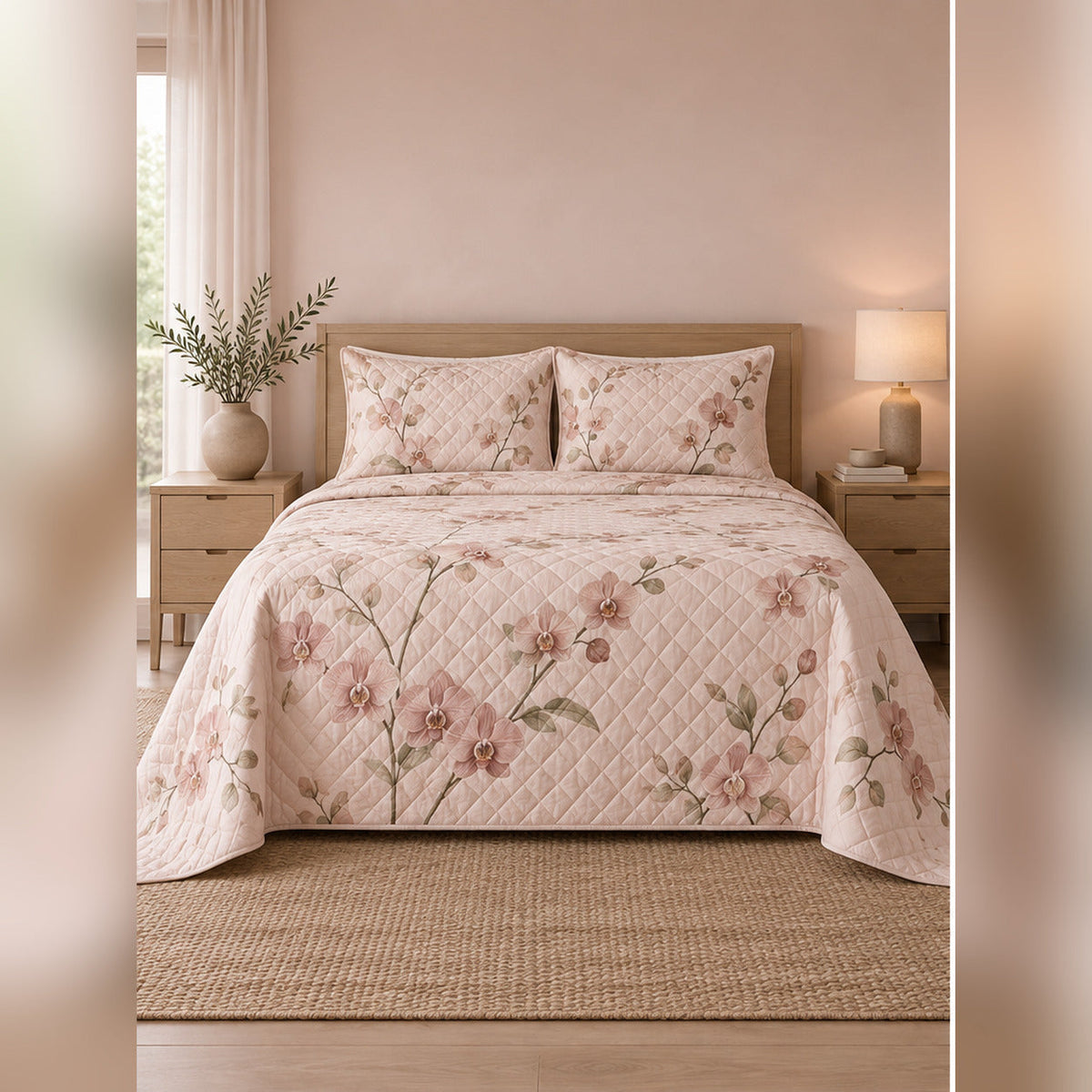 Blush Minimal Orchid Branch Quilt Set, front orchid bedroom view