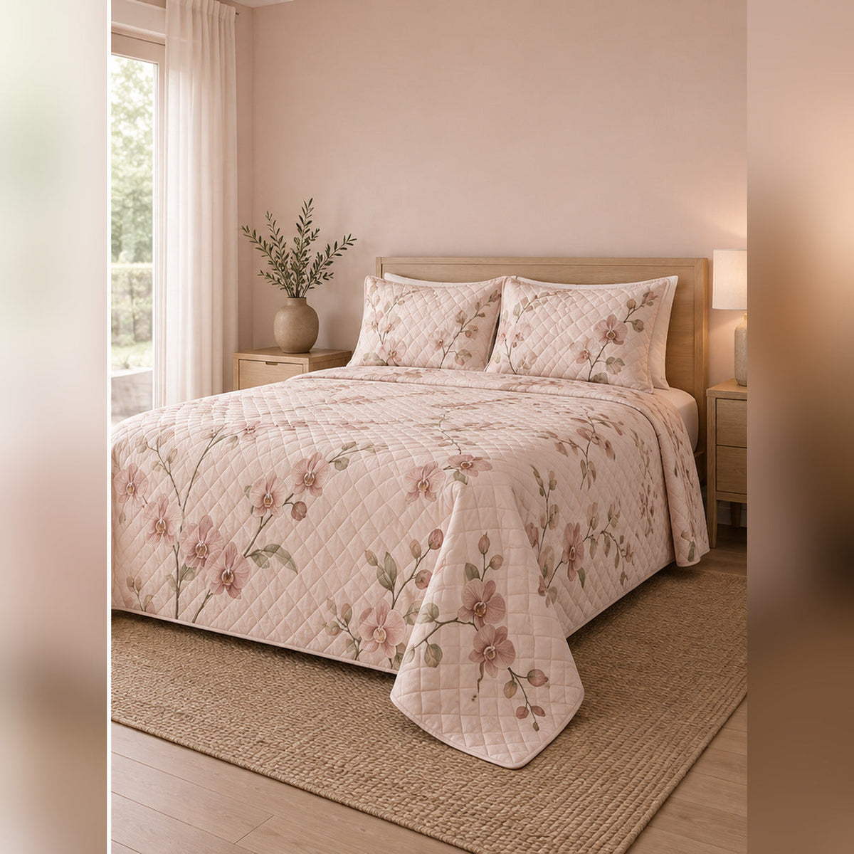 Blush Minimal Orchid Branch Quilt Set, angled orchid bedroom view