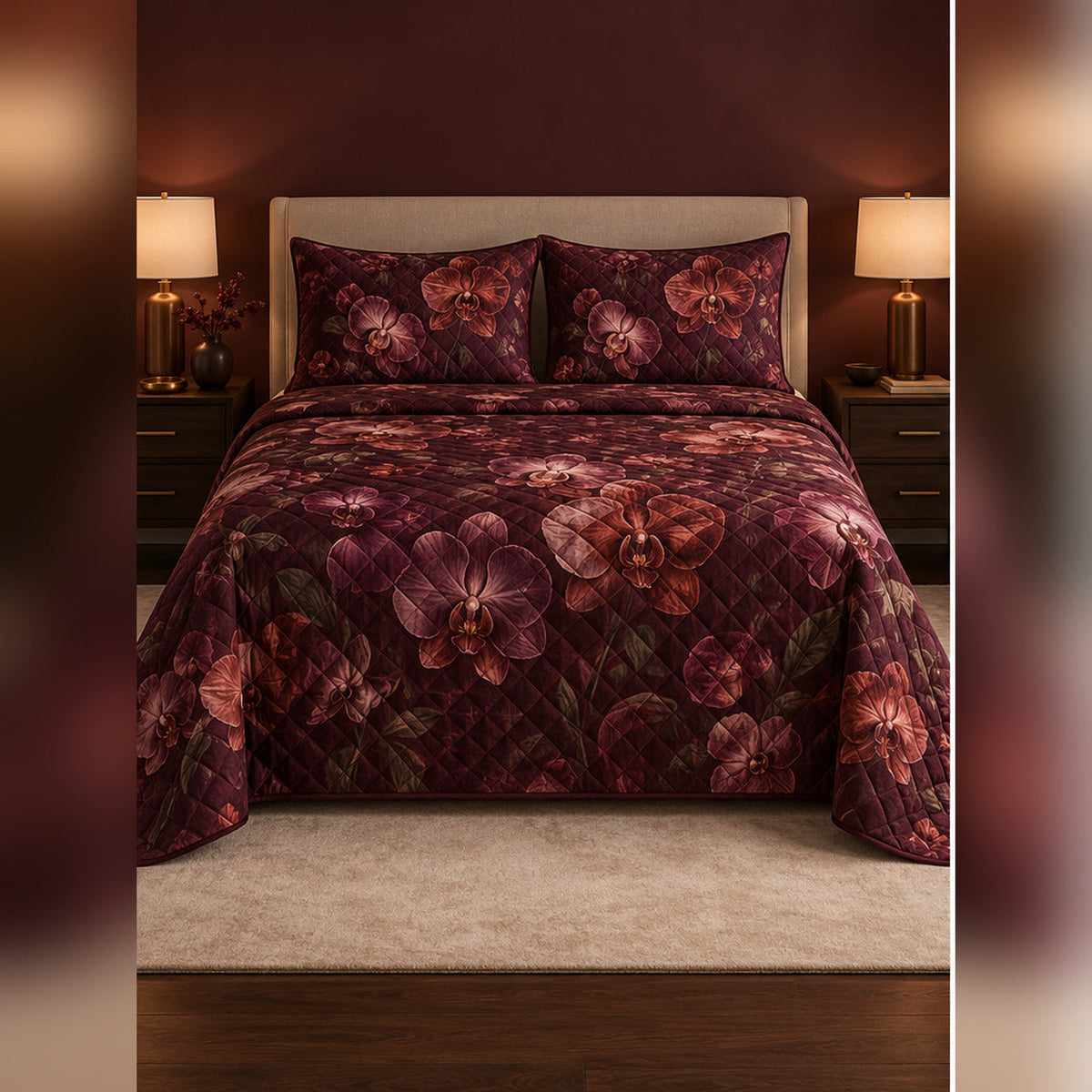 Burgundy Orchid Night Garden Quilt Set, front orchid bedroom view