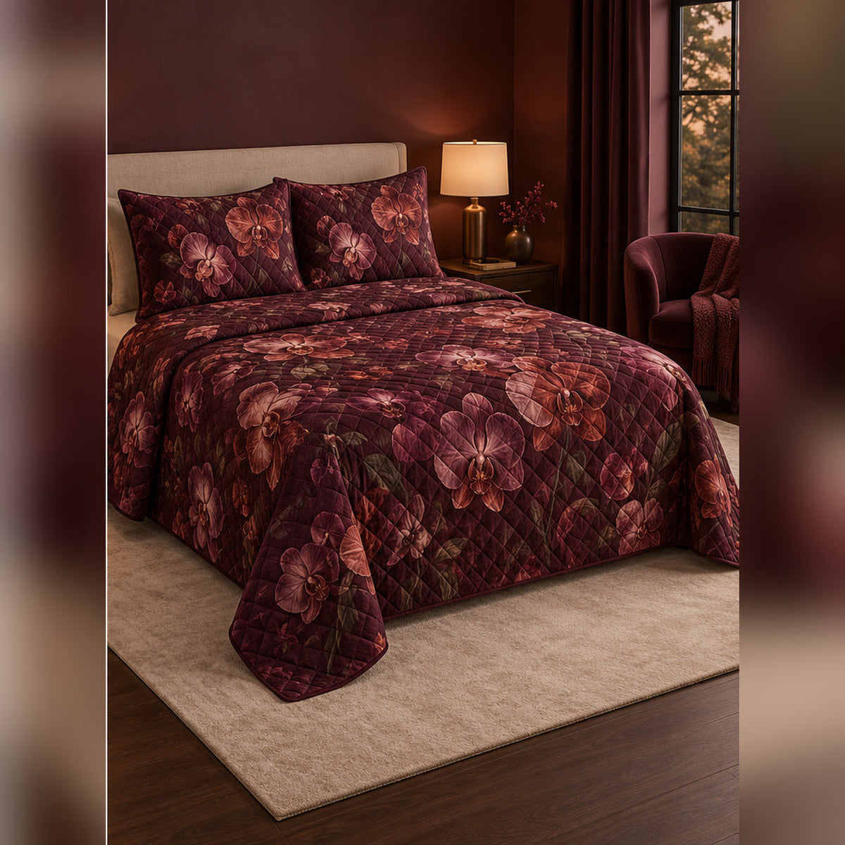 Burgundy Orchid Night Garden Quilt Set, angled orchid bedroom view