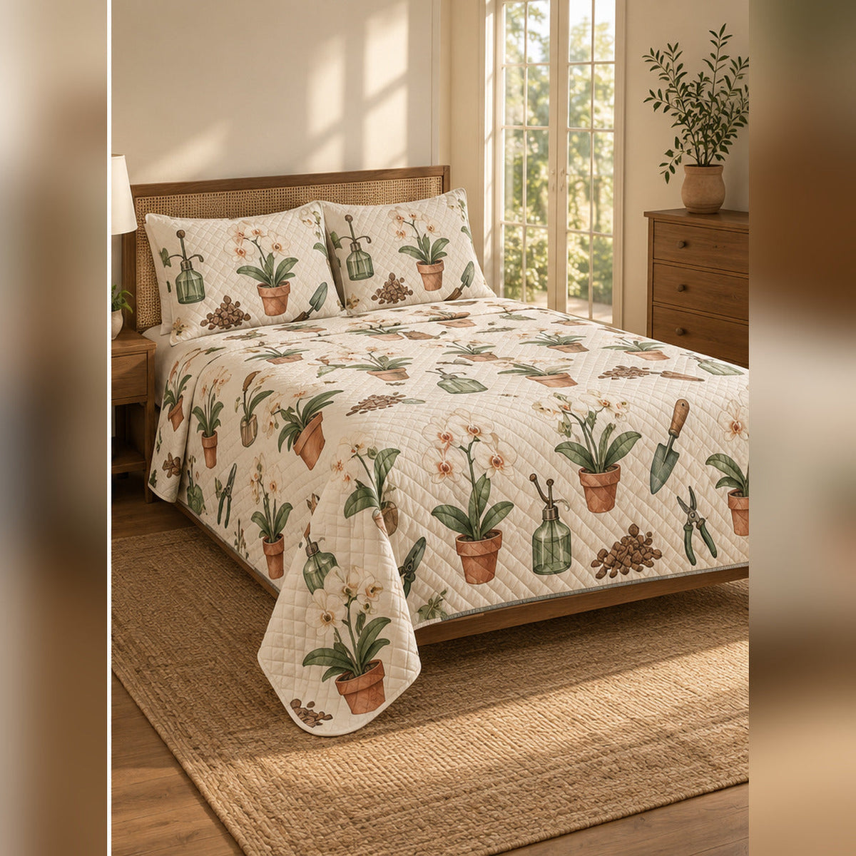Greenhouse Orchid and Potting Tools Quilt Set, angled orchid bedroom view