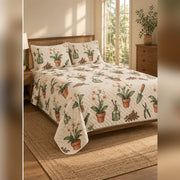 Greenhouse Orchid and Potting Tools Quilt Set, angled orchid bedroom view