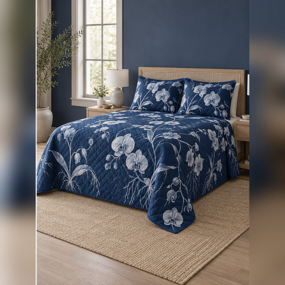 Indigo Orchid Cyanotype Quilt Set, angled orchid bedroom view