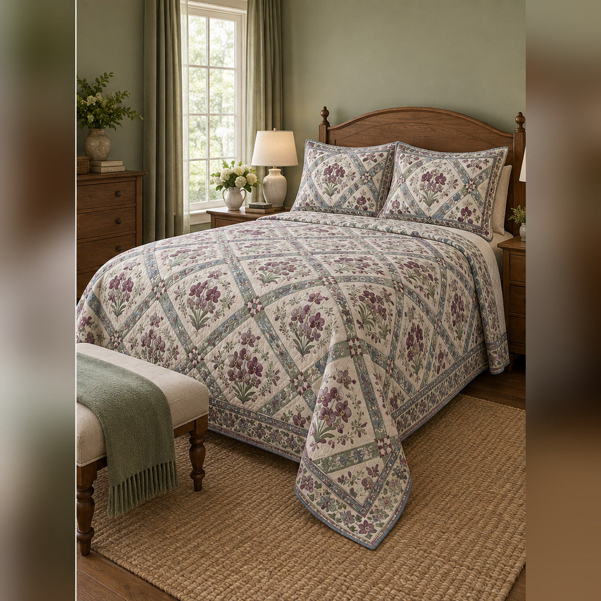 Heirloom Orchid Lattice Print Quilt Set, angled orchid bedroom view