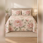 Blush Watercolor Peony Quilt Set, front peony bedroom view