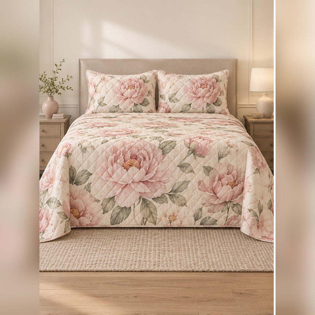 Blush Watercolor Peony Quilt Set, front peony bedroom view