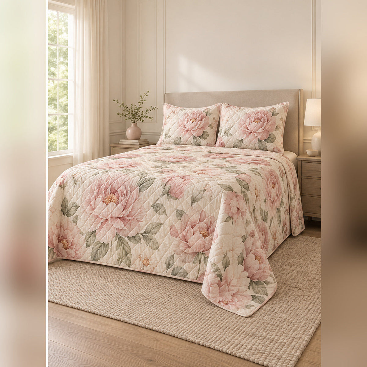Blush Watercolor Peony Quilt Set, angled peony bedroom view