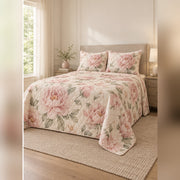 Blush Watercolor Peony Quilt Set, angled peony bedroom view