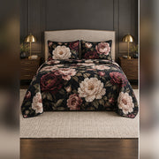 Black Peony Botanical Quilt Set, front peony bedroom view
