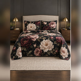 Black Peony Botanical Quilt Set