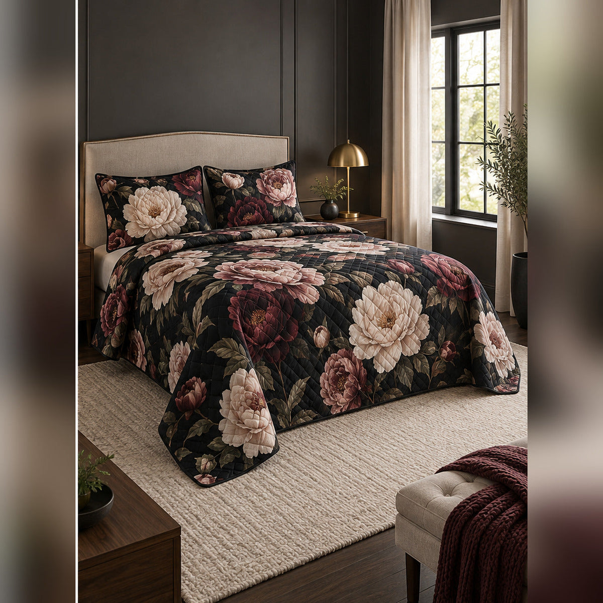 Black Peony Botanical Quilt Set, angled peony bedroom view