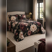 Black Peony Botanical Quilt Set, angled peony bedroom view