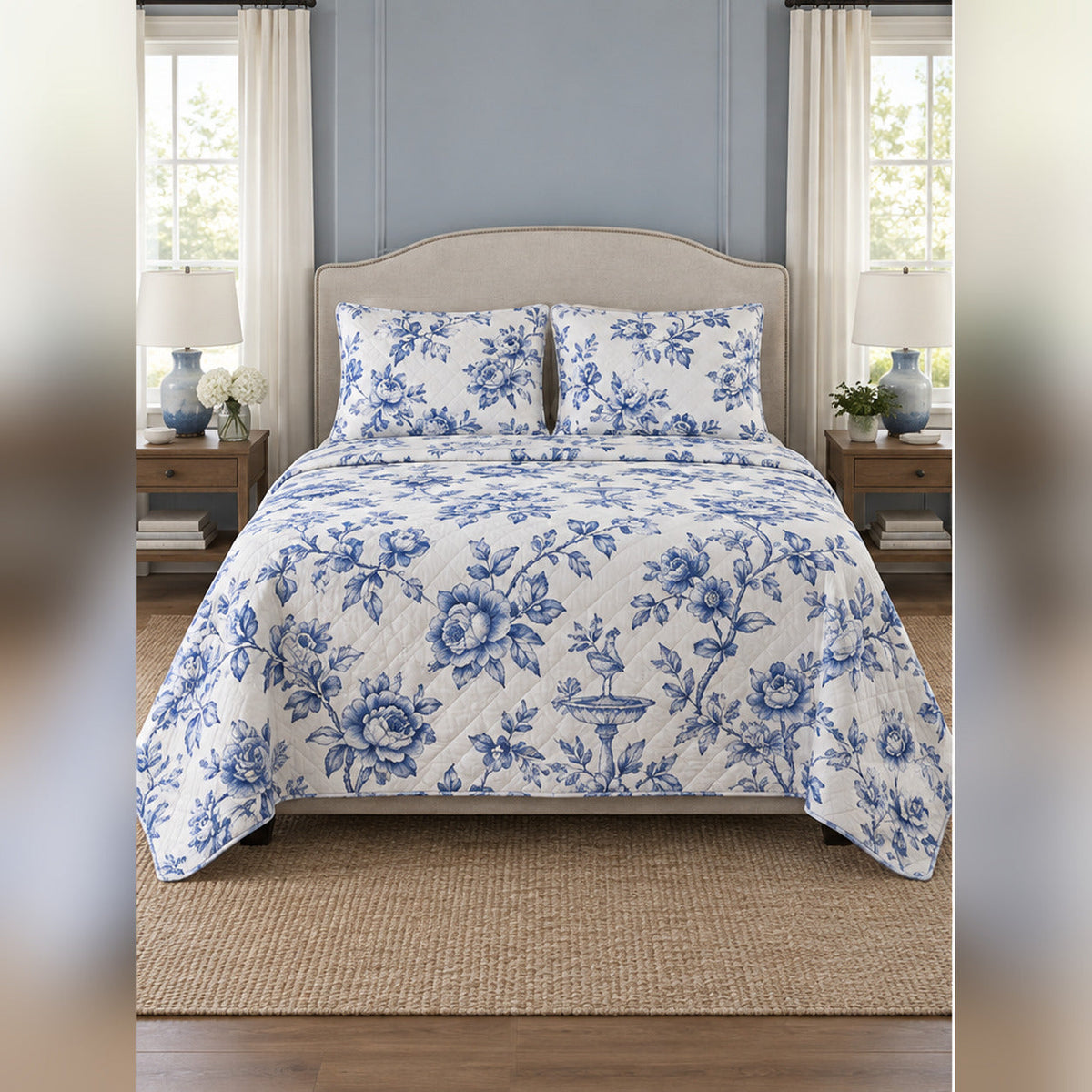 Blue and White Peony Toile Quilt Set, front peony bedroom view