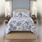Blue and White Peony Toile Quilt Set, front peony bedroom view
