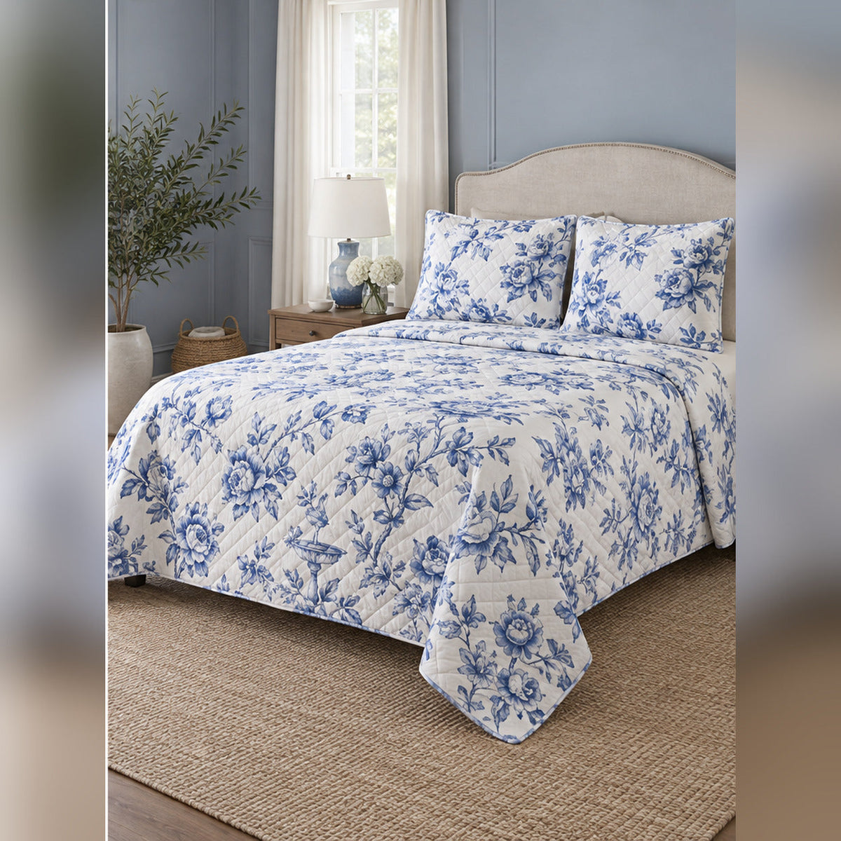 Blue and White Peony Toile Quilt Set, angled peony bedroom view