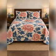 Coral Indigo Woodblock Peony Quilt Set, front peony bedroom view