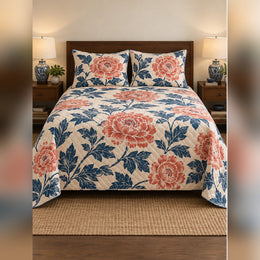 Coral Indigo Woodblock Peony Quilt Set