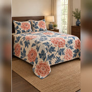 Coral Indigo Woodblock Peony Quilt Set, angled peony bedroom view