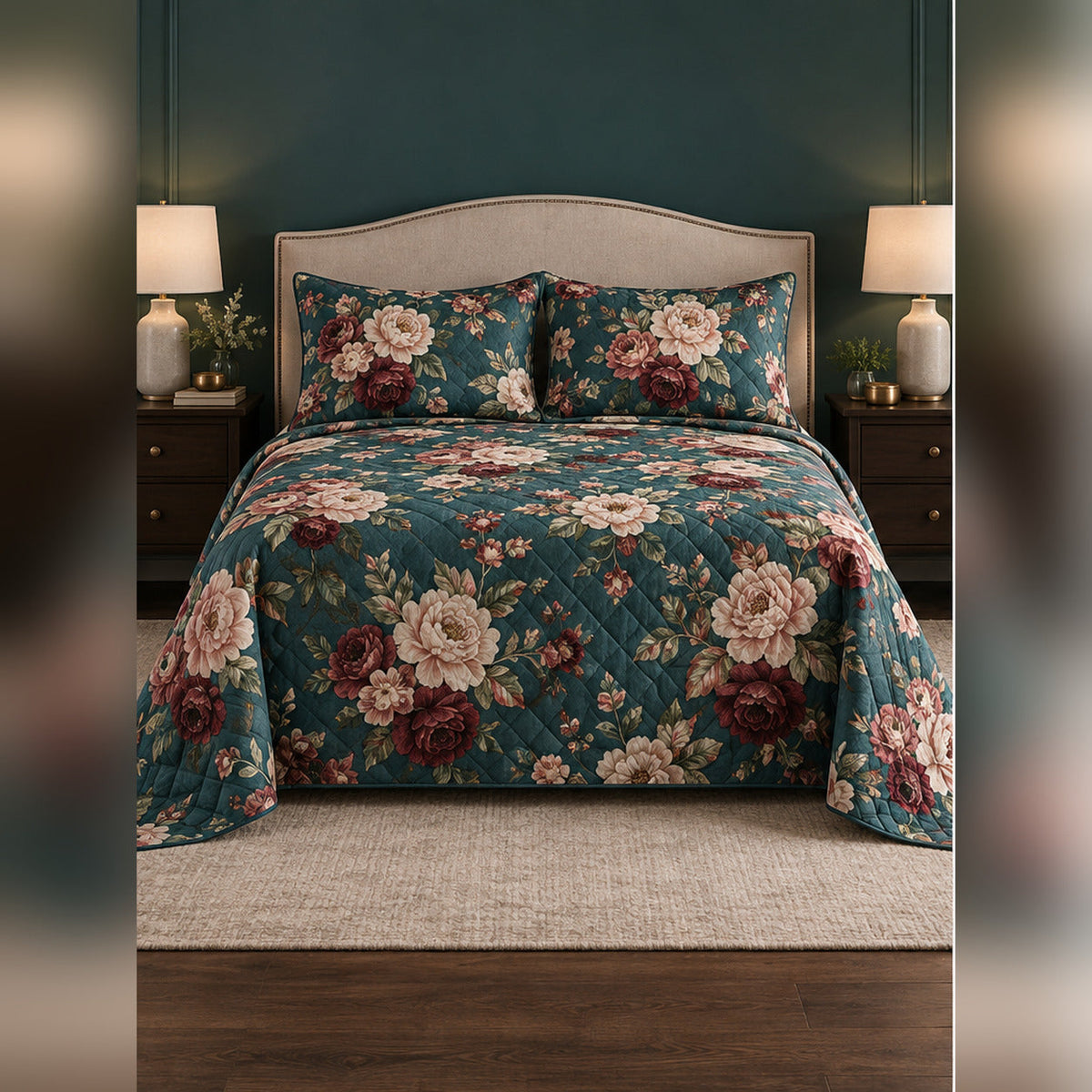 Teal Vintage Peony Garden Quilt Set, front peony bedroom view