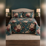 Teal Vintage Peony Garden Quilt Set, front peony bedroom view