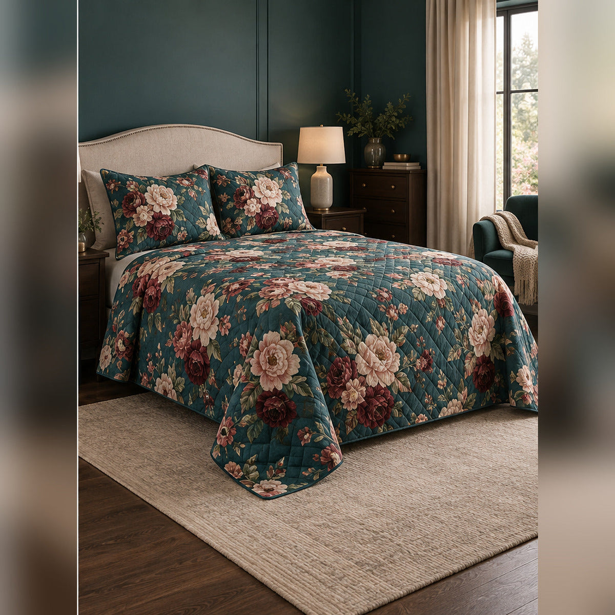 Teal Vintage Peony Garden Quilt Set, angled peony bedroom view