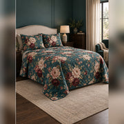 Teal Vintage Peony Garden Quilt Set, angled peony bedroom view