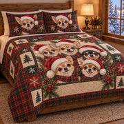 Christmas Chihuahua Quilt Set with Shams: angled bedroom view showing the quilt artwork and coordinating shams