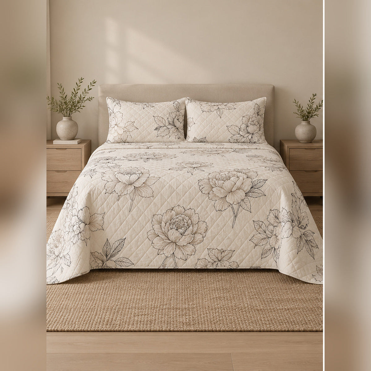 Neutral Peony Line Art Quilt Set, front peony bedroom view