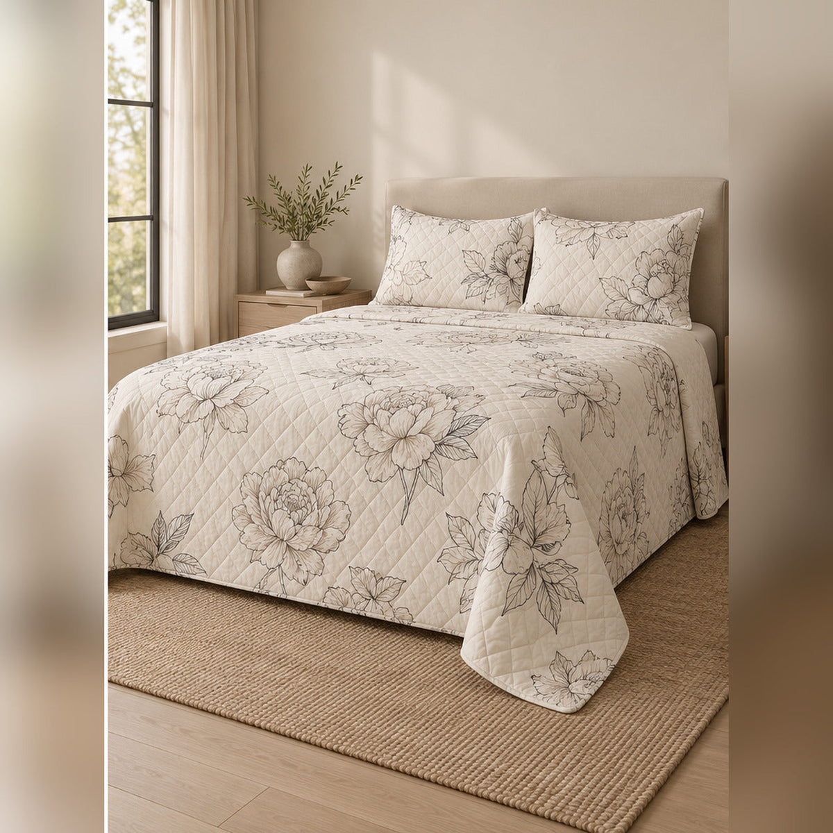 Neutral Peony Line Art Quilt Set, angled peony bedroom view