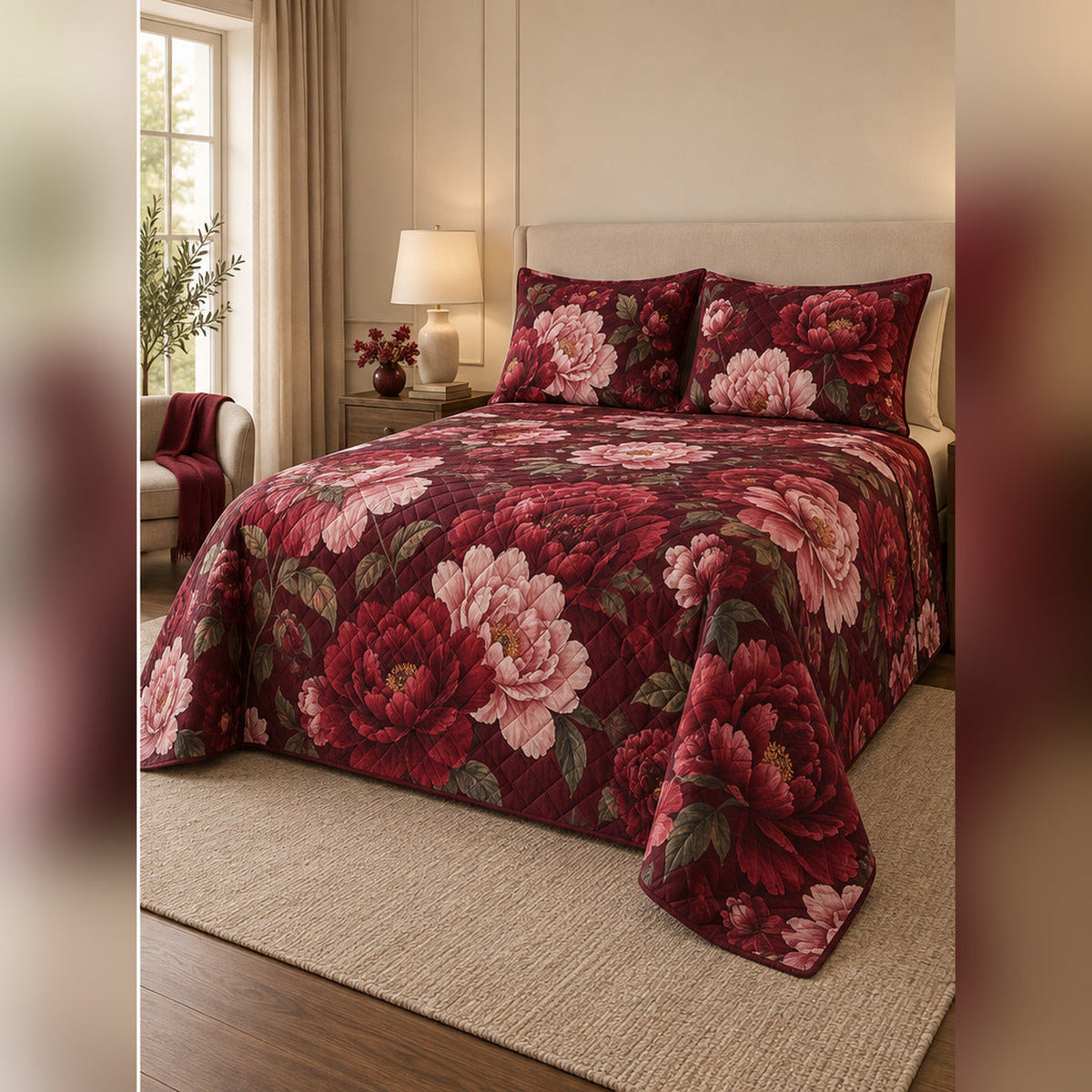 Garnet Peony Statement Quilt Set, angled peony bedroom view