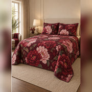 Garnet Peony Statement Quilt Set, angled peony bedroom view