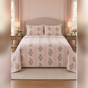 Pink Stripe and Peony Quilt Set, front peony bedroom view