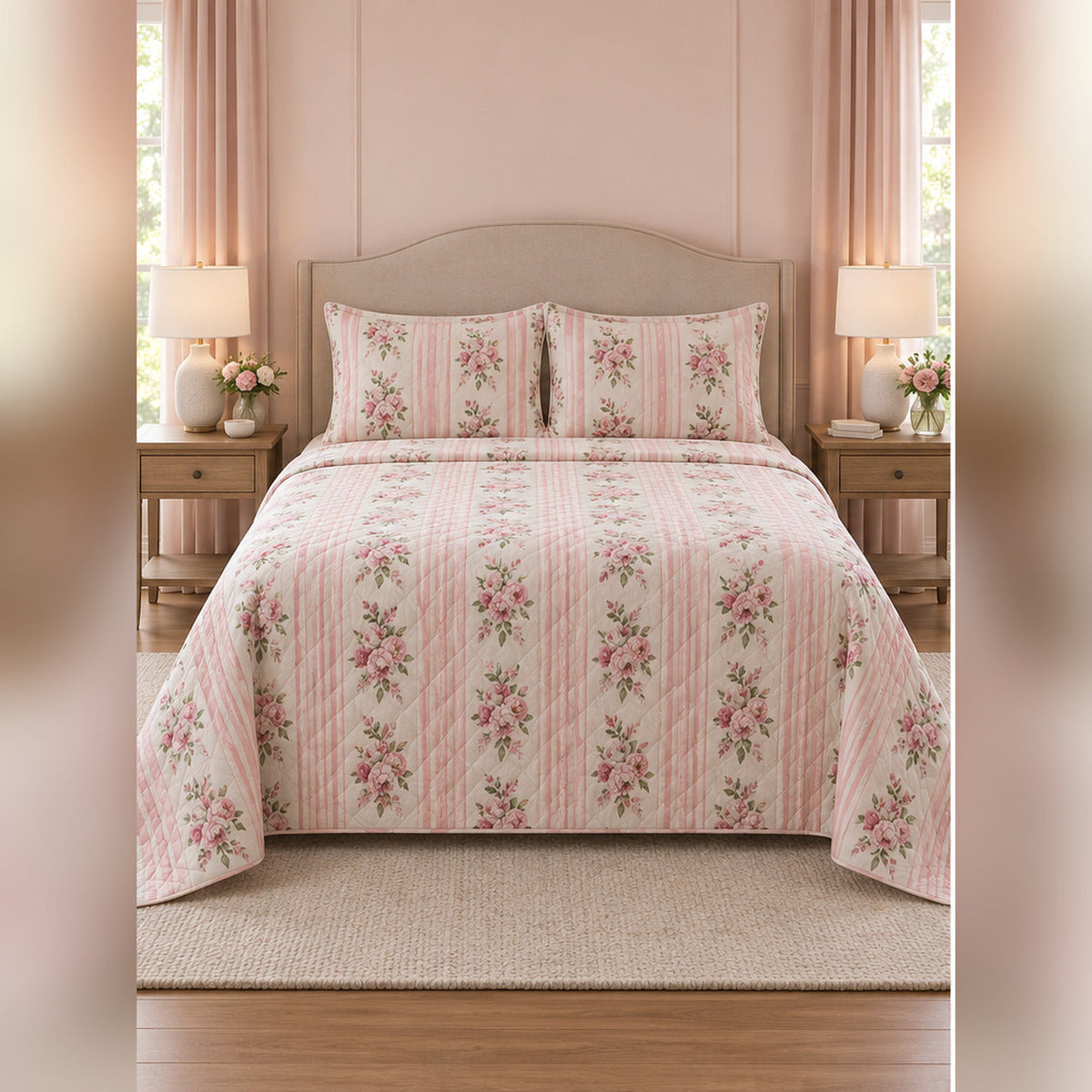 Pink Stripe and Peony Quilt Set, front peony bedroom view