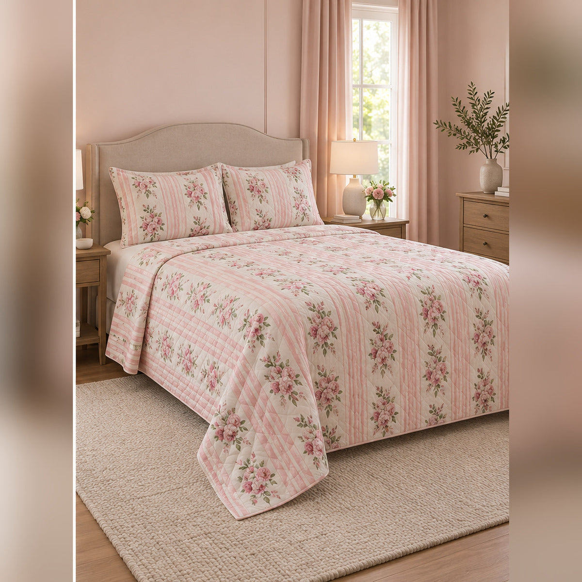 Pink Stripe and Peony Quilt Set, angled peony bedroom view
