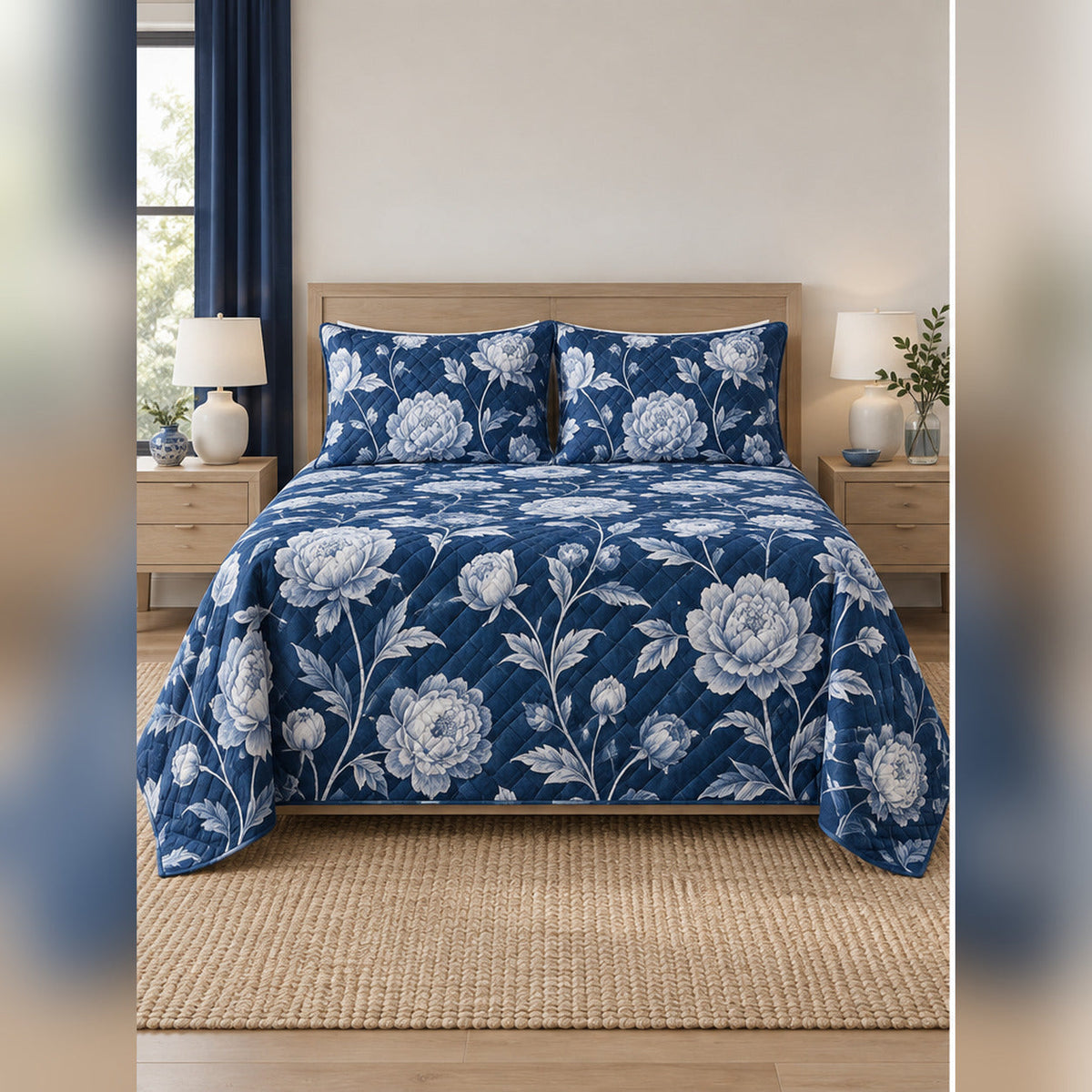 Indigo Peony Cyanotype Quilt Set, front peony bedroom view