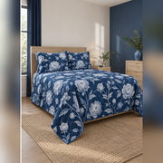 Indigo Peony Cyanotype Quilt Set, angled peony bedroom view