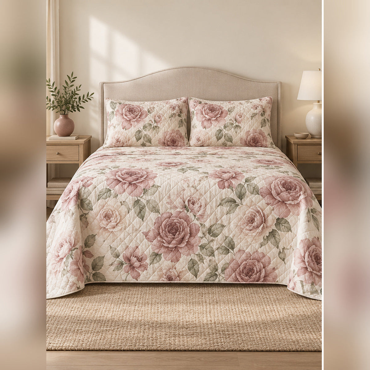 Dusty Rose Watercolor Quilt Set, front rose garden bedroom view