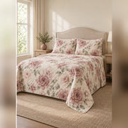 Dusty Rose Watercolor Quilt Set, angled rose garden bedroom view