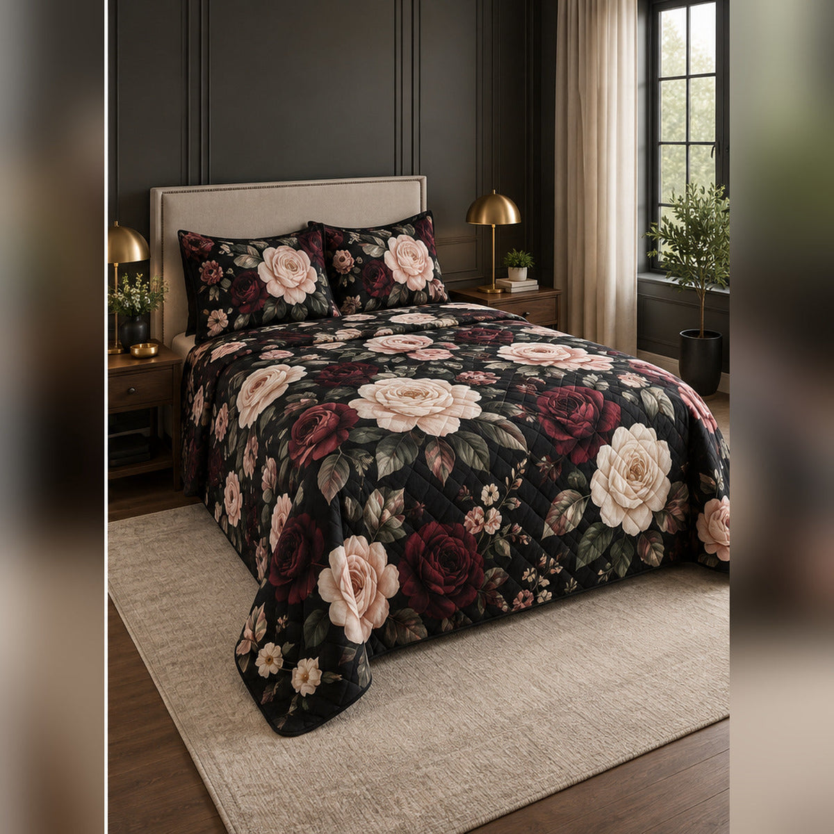 Black Rose Botanical Quilt Set, angled rose garden bedroom view