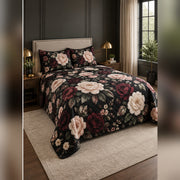 Black Rose Botanical Quilt Set, angled rose garden bedroom view