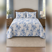 Blue Climbing Rose Garden Toile Quilt Set, front rose garden bedroom view