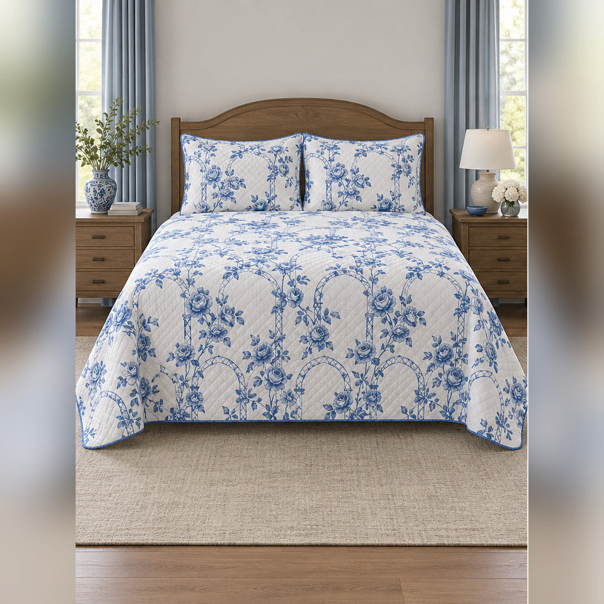 Blue Climbing Rose Garden Toile Quilt Set, front rose garden bedroom view