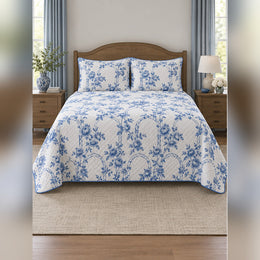 Blue Climbing Rose Garden Toile Quilt Set