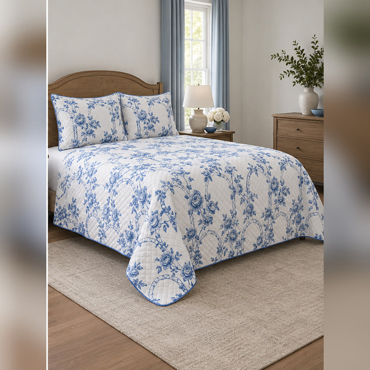 Blue Climbing Rose Garden Toile Quilt Set, angled rose garden bedroom view