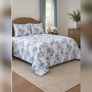 Blue Climbing Rose Garden Toile Quilt Set, angled rose garden bedroom view