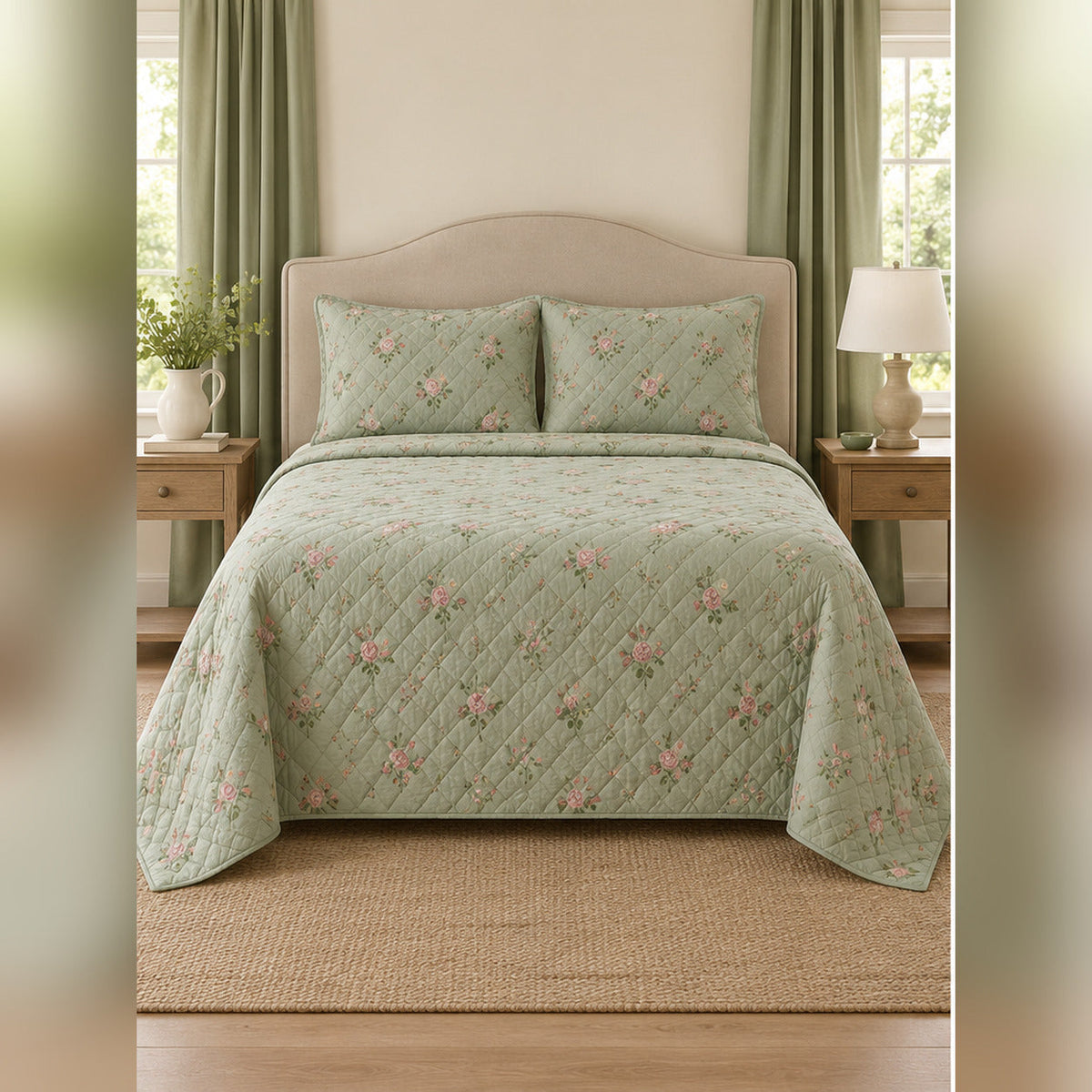 Sage Cottage Rose Sprig Quilt Set, front rose garden bedroom view