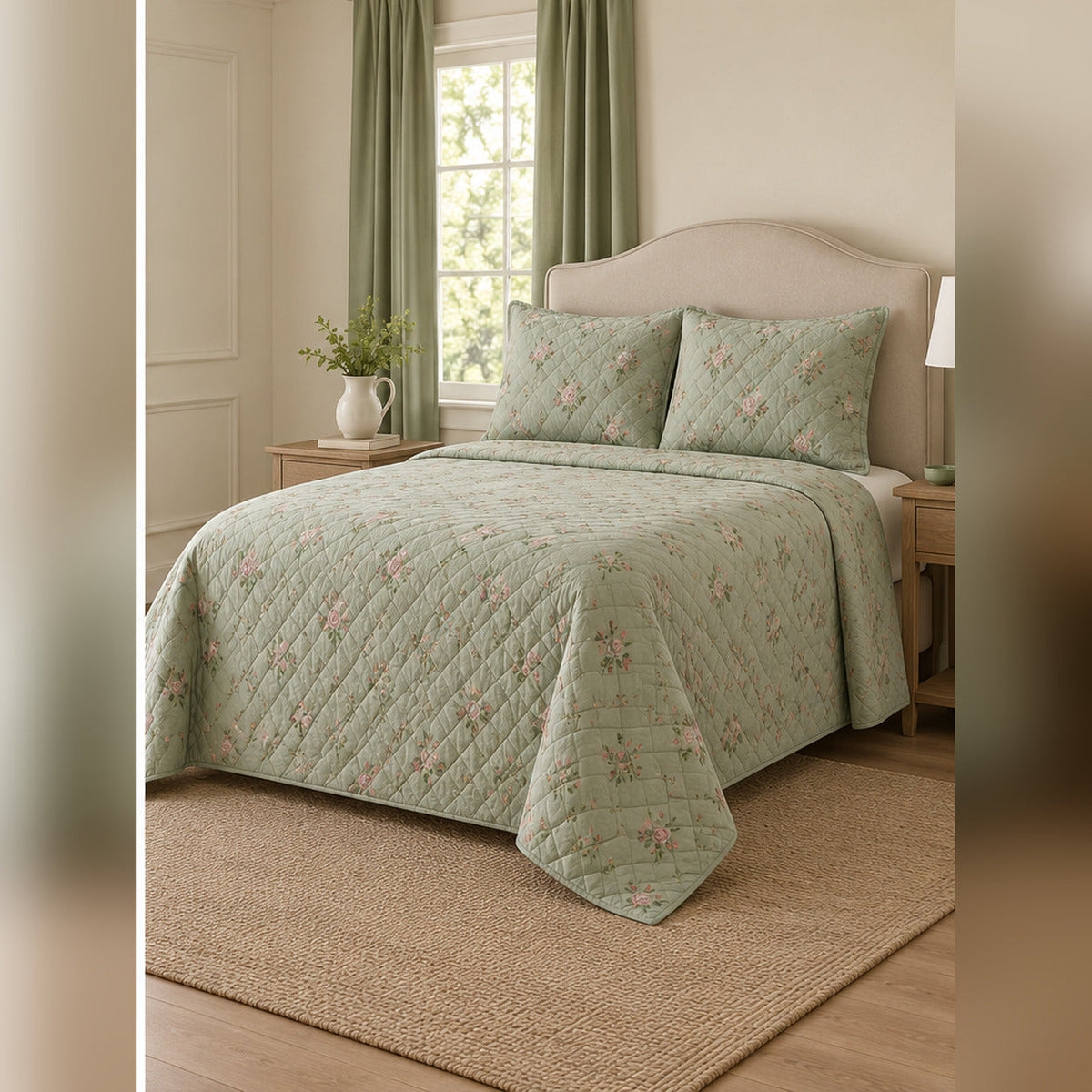 Sage Cottage Rose Sprig Quilt Set, angled rose garden bedroom view